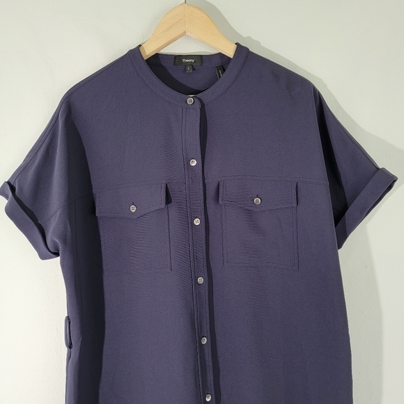 Theory Women Navy Shirt Dress Sz L Faux Silk Short Sleeve Midi Pocket High-Low - Picture 3 of 12